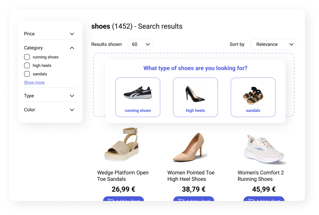 Search Engine Result Page with Intent Clarification Tiles for shoe types