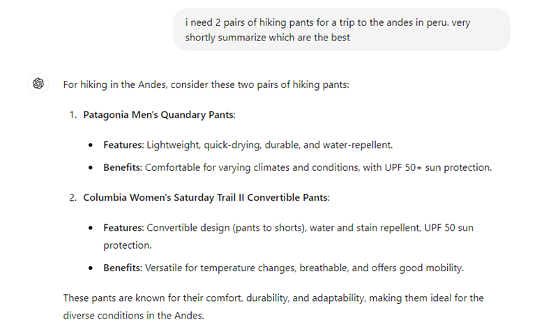 An ecommerce product search query in ChatGPT